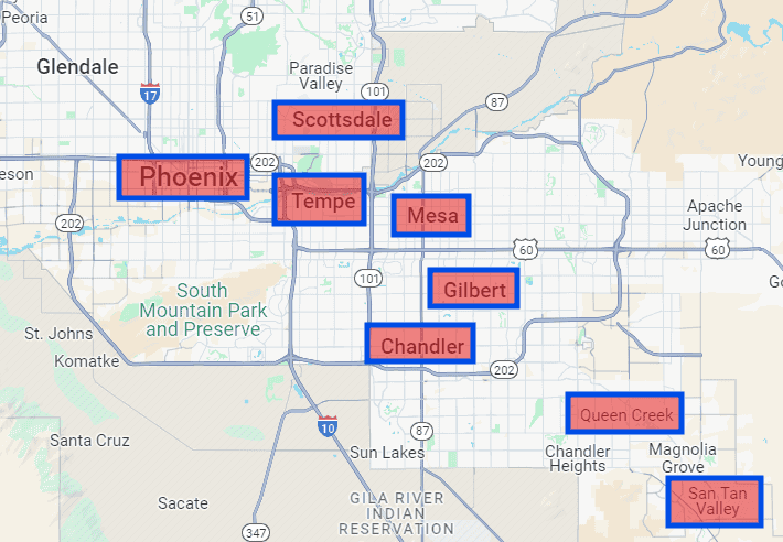 Map showing MaiditUp's residential cleaning service areas in Phoenix, Chandler, Gilbert, Mesa, Tempe, Scottsdale, Queen Creek, and San Tan Valley, Arizona.